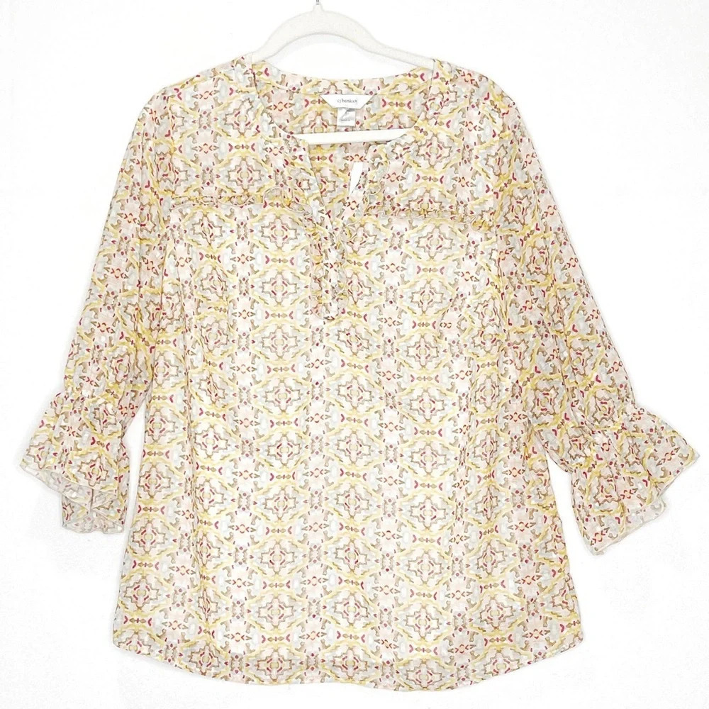Christopher & Banks Yellow Lined 3/4 Ruffle Sleeve Blouse NWT Size 14W/X Boho